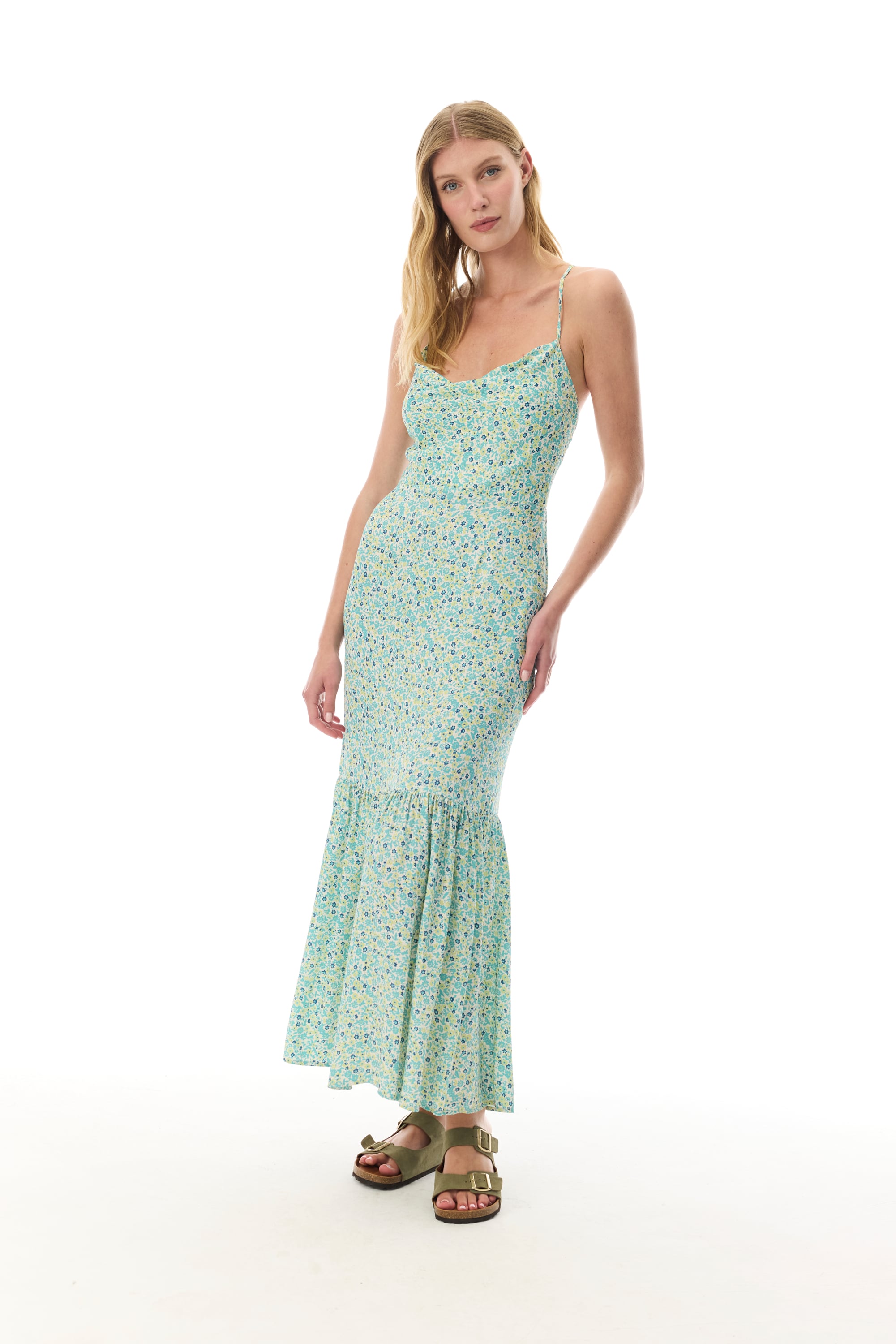 BASKILI SIRTI BAĞLAMALI MİDİ ELBİSE