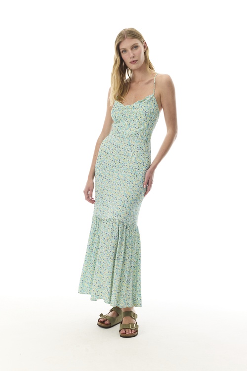  BASKILI SIRTI BAĞLAMALI MİDİ ELBİSE