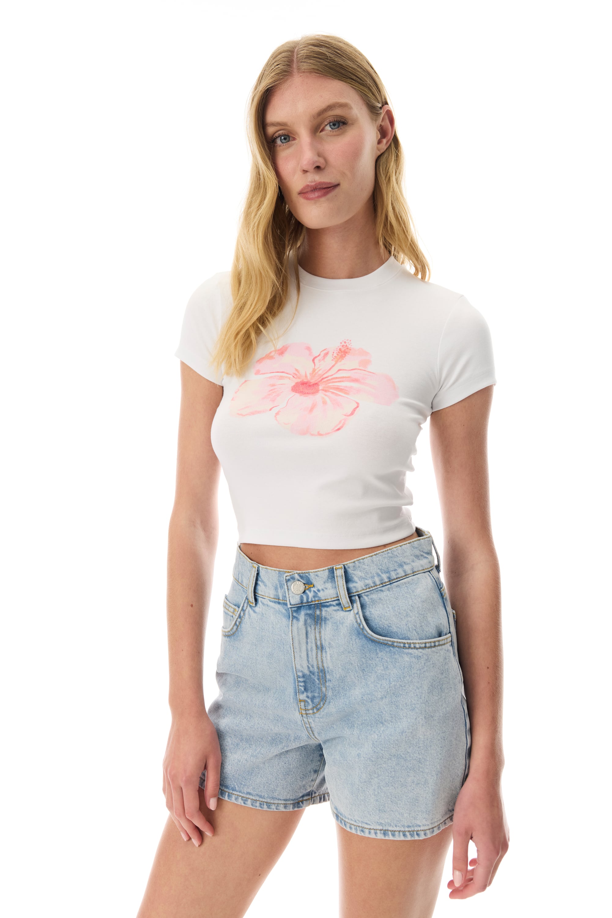 FLORAL BASKILI BİSİKLET YAKA T-SHIRT