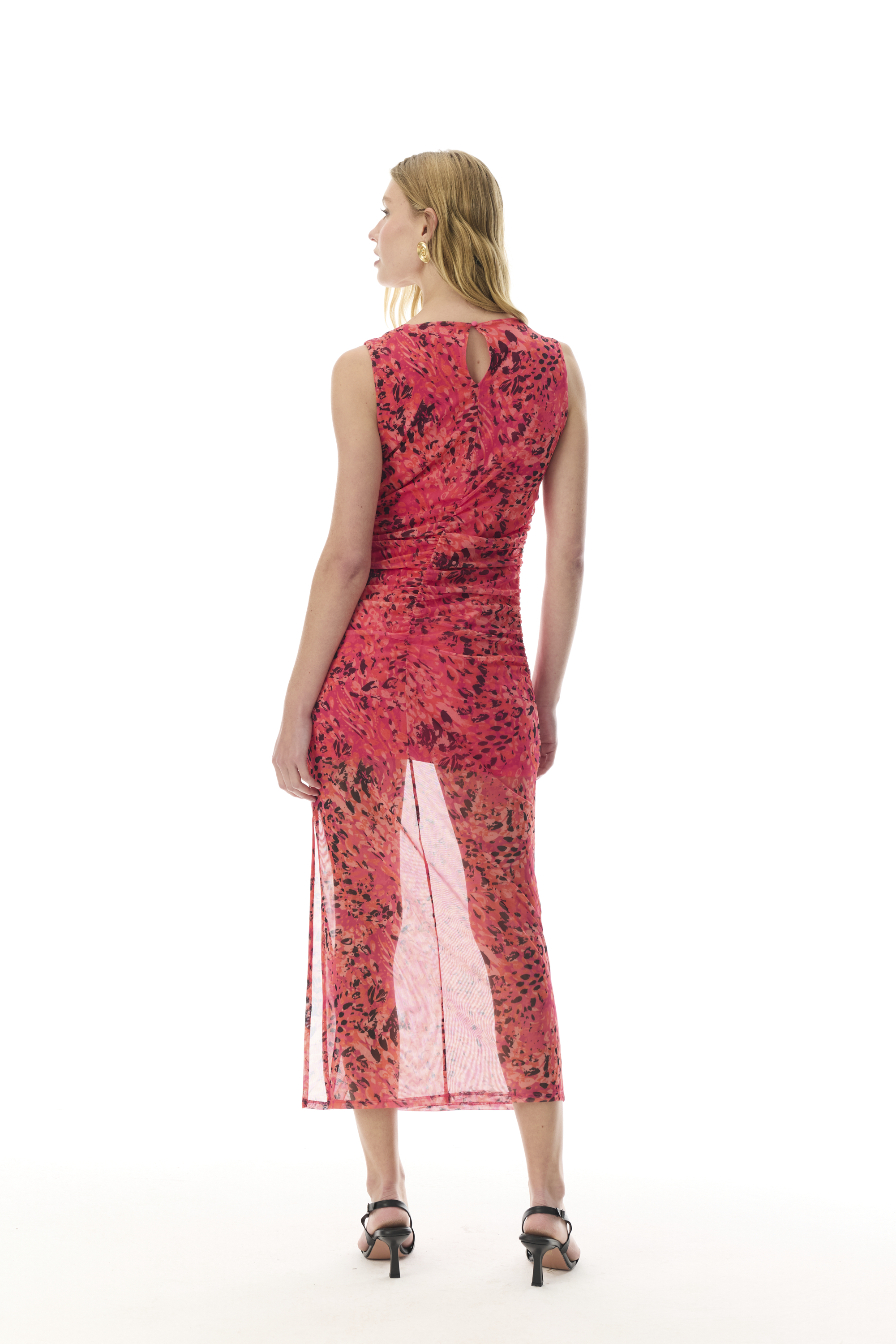 BASKILI KOLSUZ DAR KESİM MİDİ ELBİSE