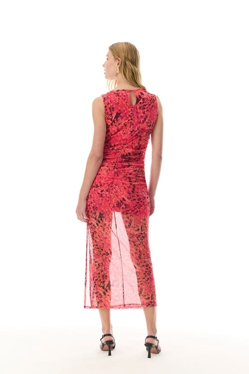  BASKILI KOLSUZ DAR KESİM MİDİ ELBİSE