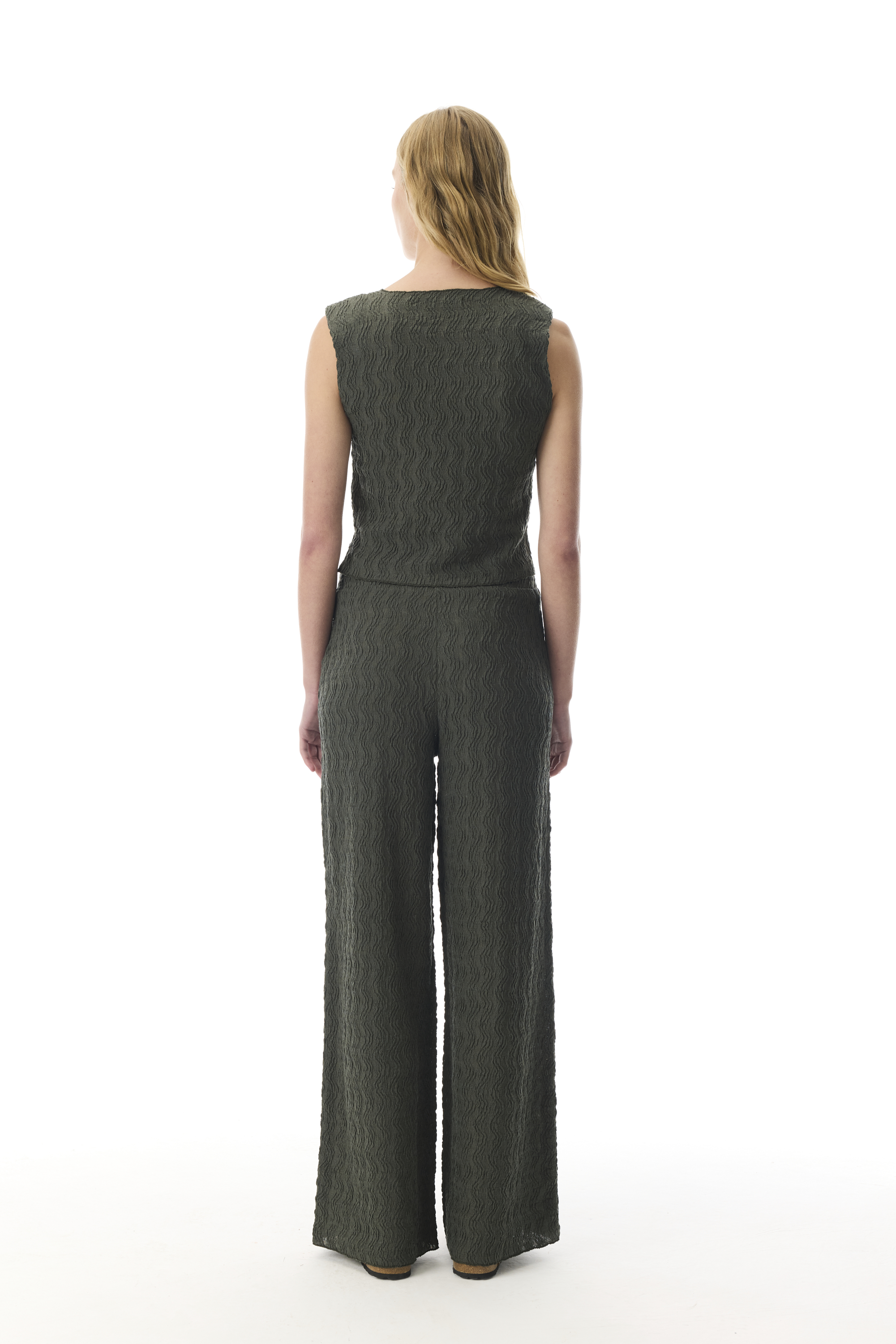 DOKULU BELİ LASTİKLİ WIDE LEG PANTOLON