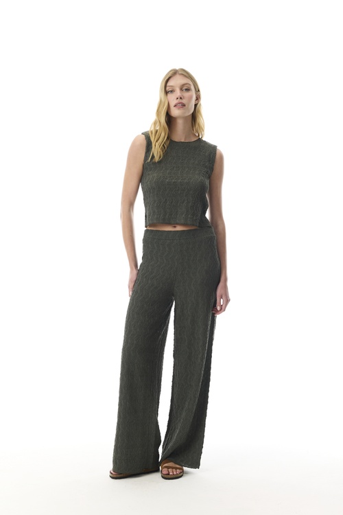  DOKULU BELİ LASTİKLİ WIDE LEG PANTOLON