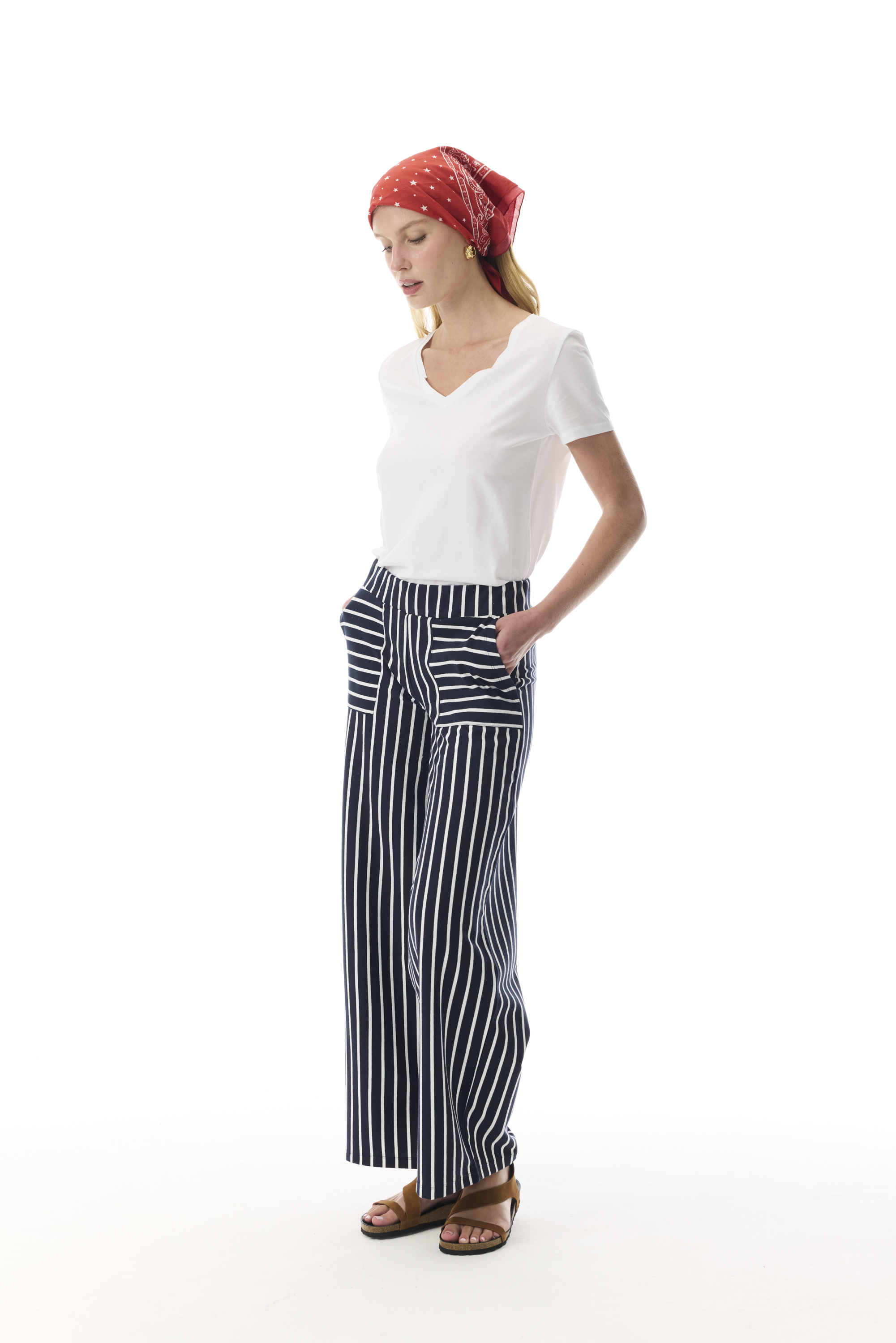 ÇİZGİLİ WIDE LEG BELİ LASTİKLİ PANTOLON