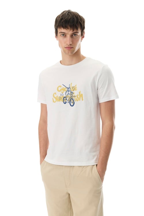 Erkek Beyaz Marin Baskılı Bisiklet Yaka T-Shirt