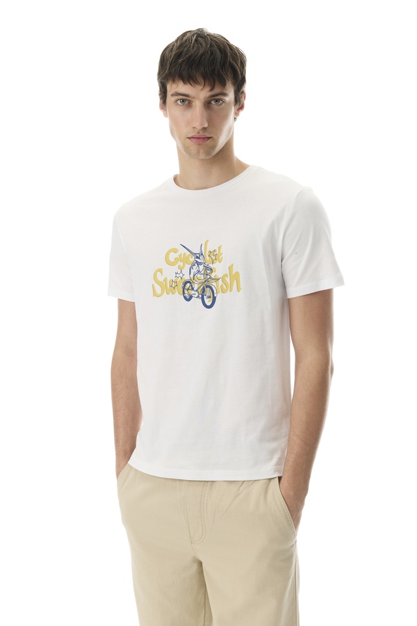 Erkek Beyaz Marin Baskılı Bisiklet Yaka T-Shirt