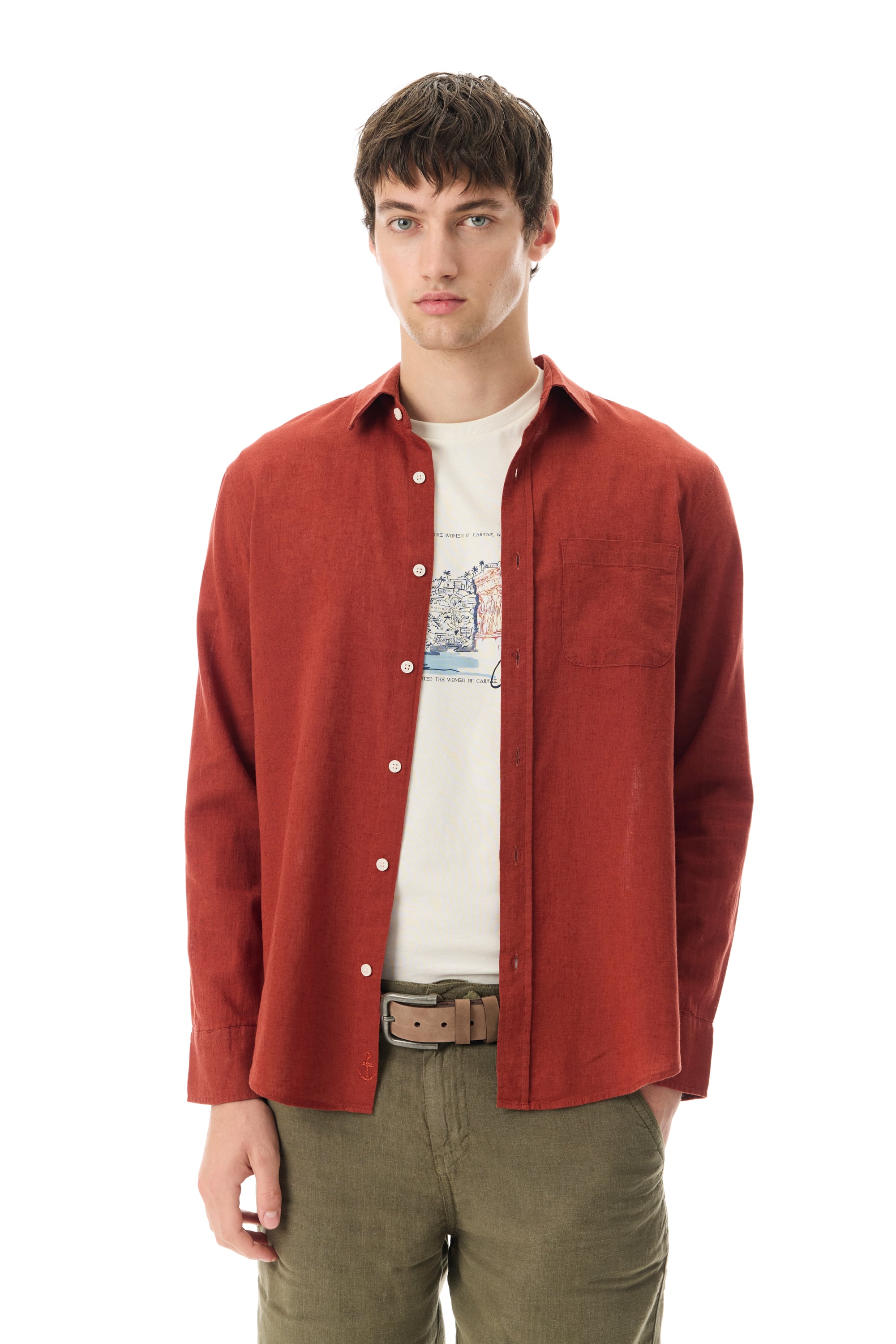 REGULAR FIT UZUN KOLLU KETEN KARIŞIMLI GÖMLEK