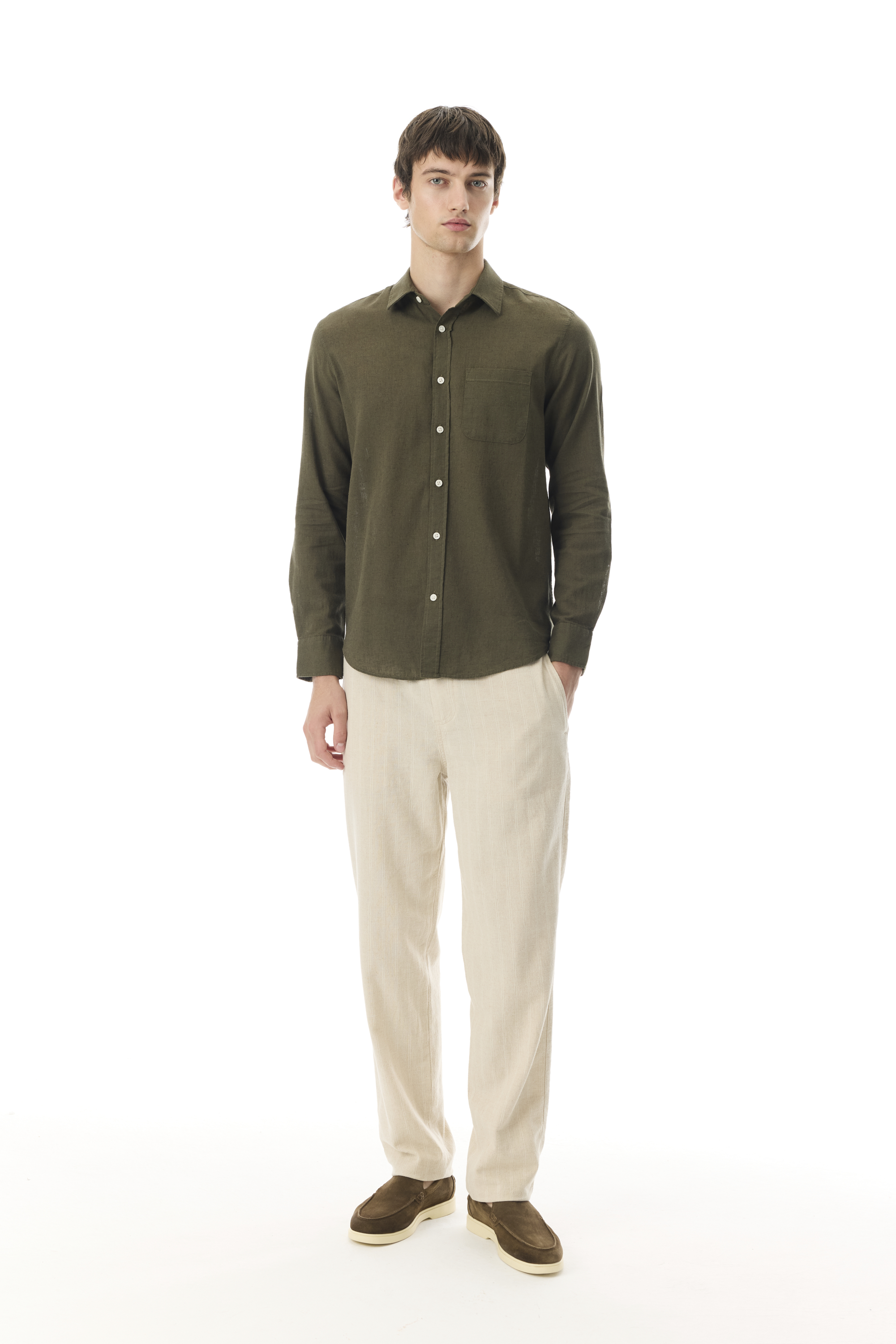 REGULAR FIT UZUN KOLLU KETEN KARIŞIMLI GÖMLEK