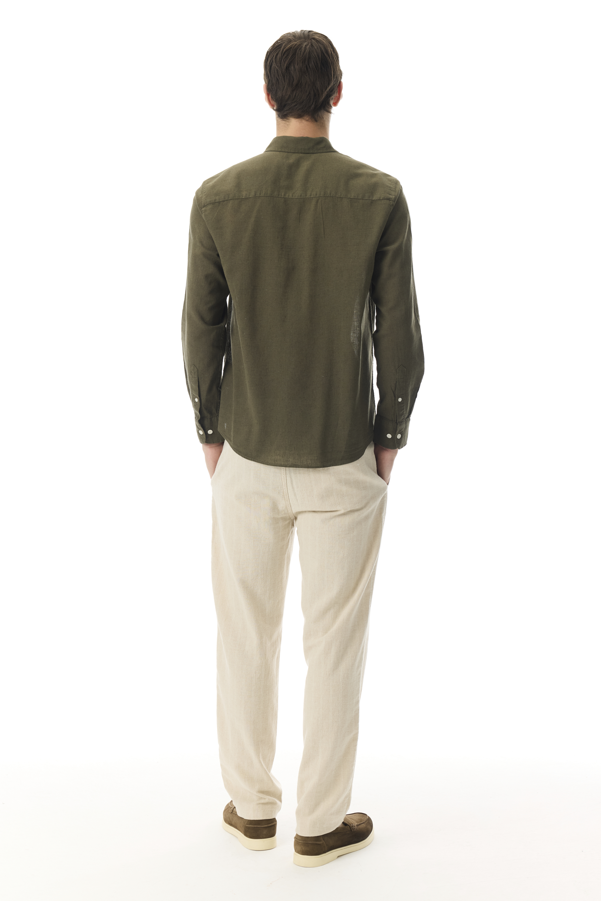 REGULAR FIT UZUN KOLLU KETEN KARIŞIMLI GÖMLEK