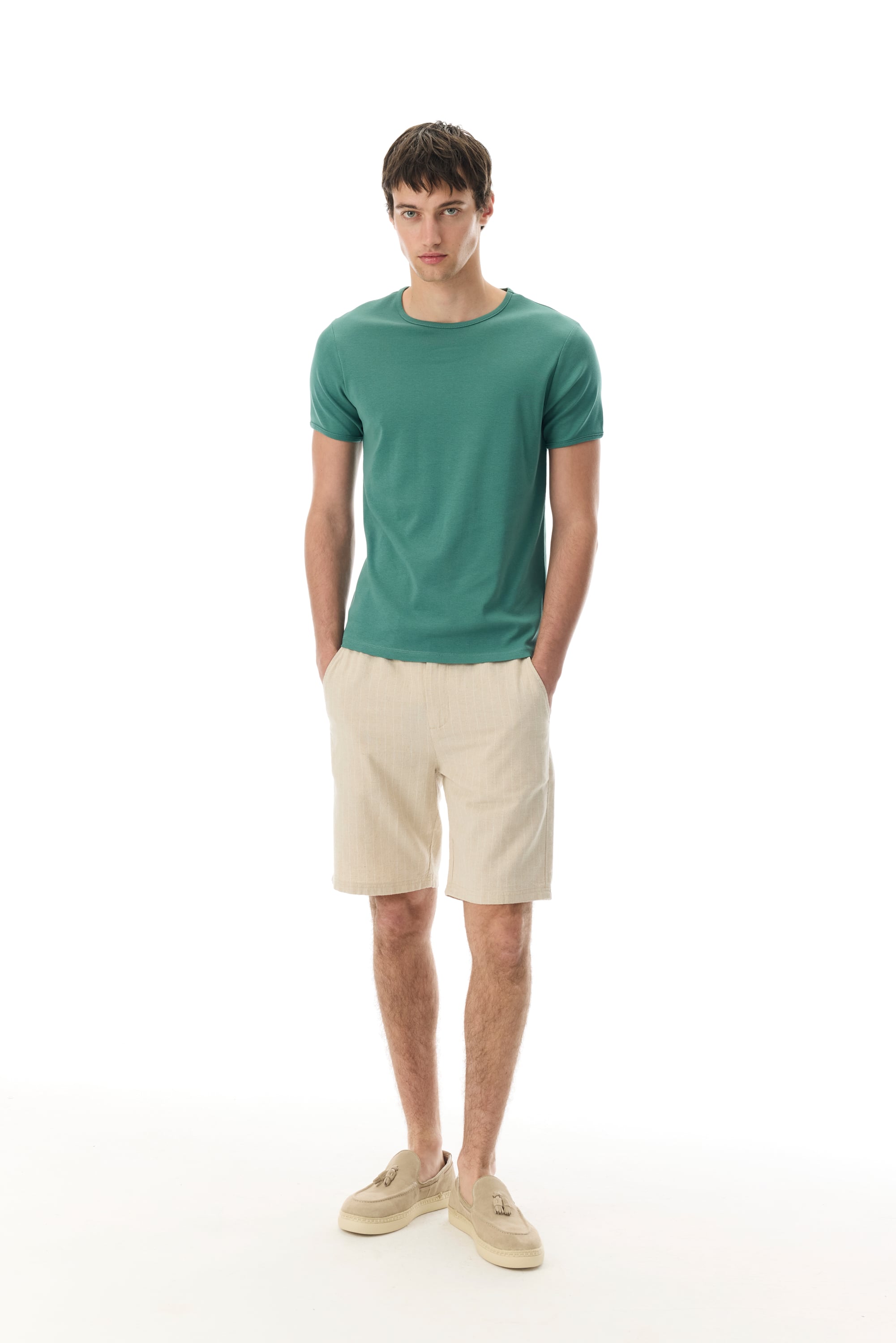 ÇİZGİLİ BELİ BAĞLAMALI KETEN KARIŞIMLI ŞORT