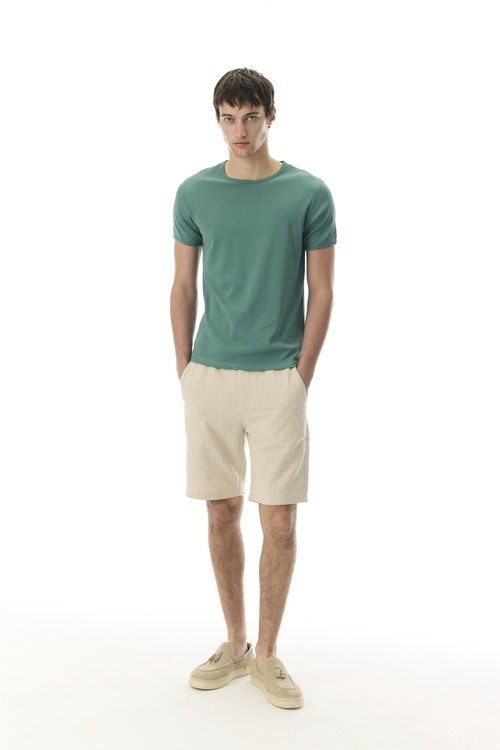  ÇİZGİLİ BELİ BAĞLAMALI KETEN KARIŞIMLI ŞORT