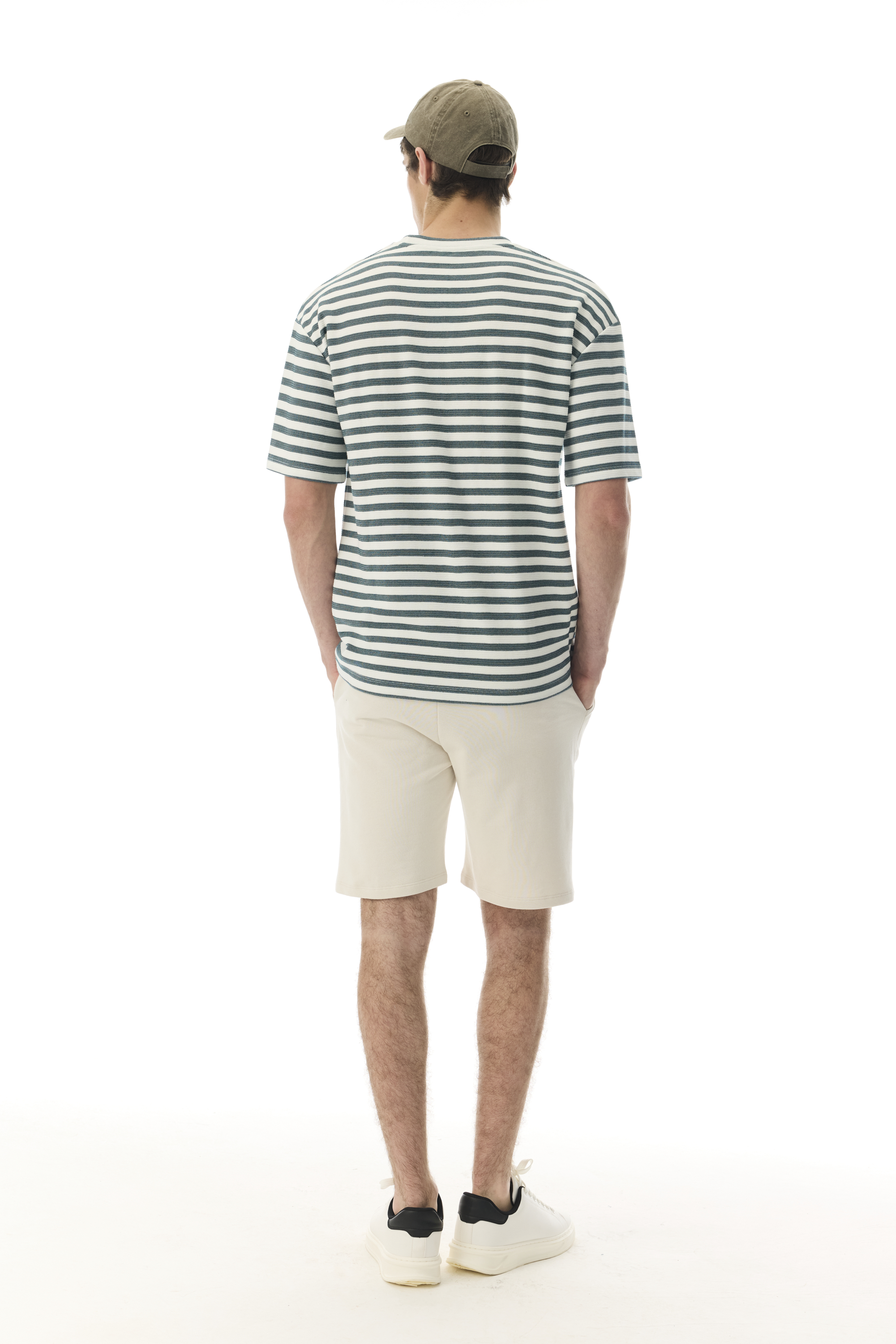 Erkek Yeşil Çizgili Oversize Bisiklet Yaka T-Shirt