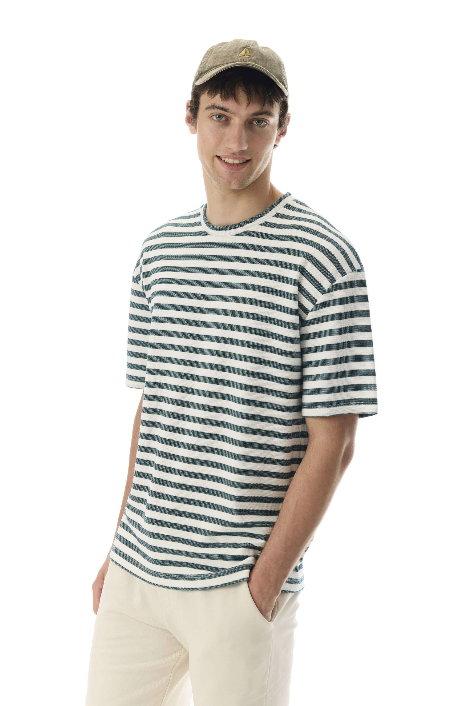 Erkek Yeşil Çizgili Oversize Bisiklet Yaka T-Shirt