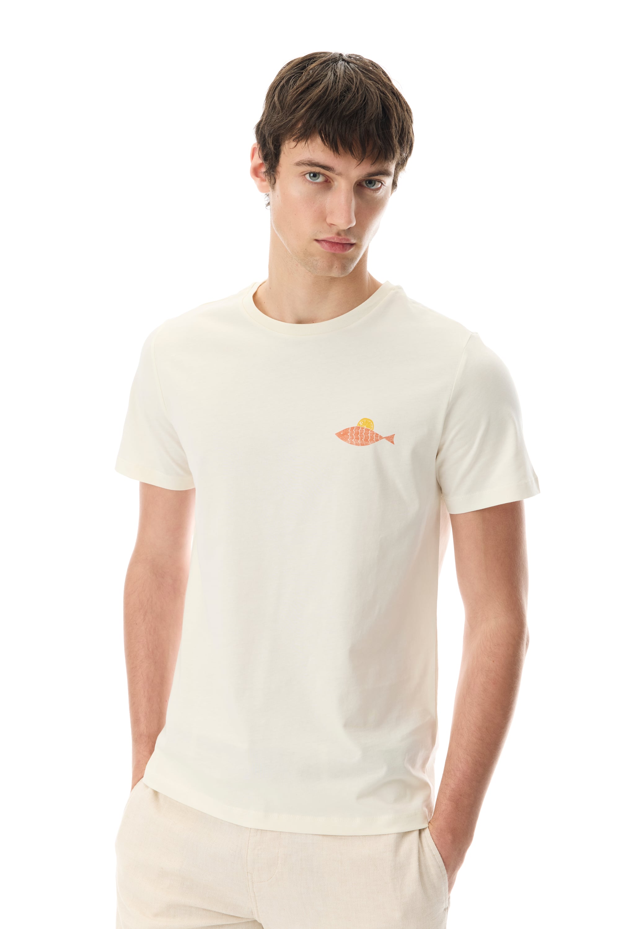 Erkek Kırık Beyaz Baskılı Bisiklet Yaka T-Shirt