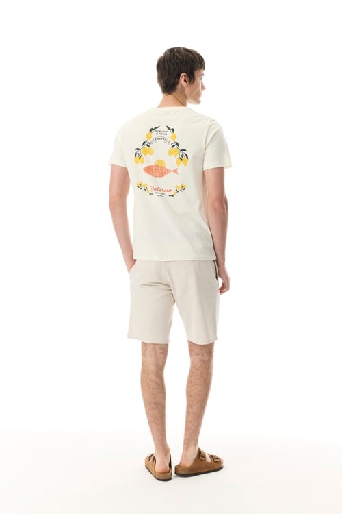 Erkek Kırık Beyaz Baskılı Bisiklet Yaka T-Shirt