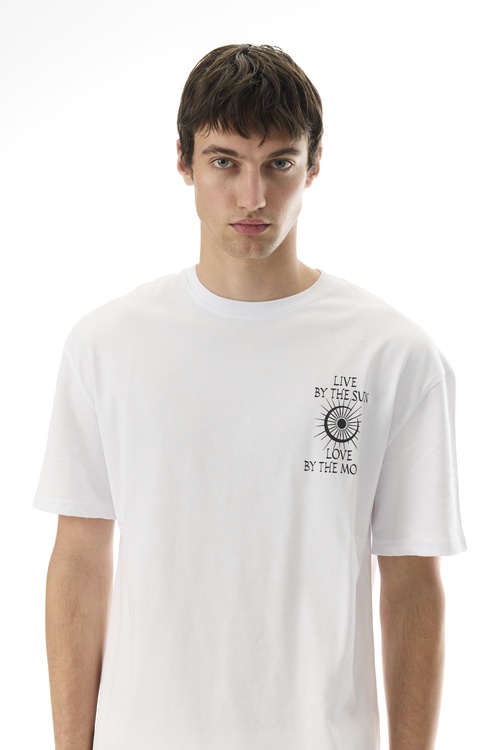 Erkek Beyaz Baskılı Oversize Bisiklet Yaka T-Shirt