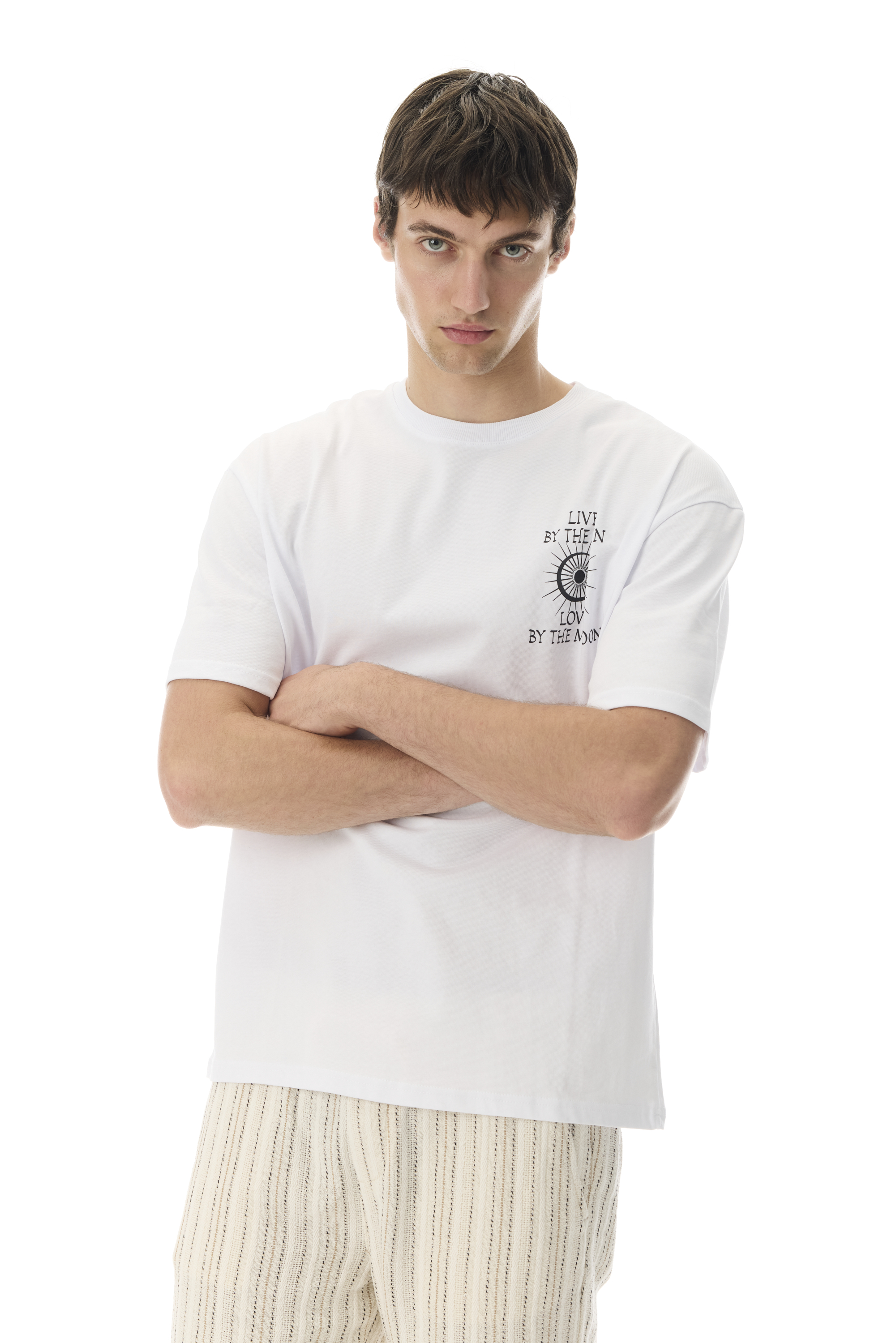 Erkek Beyaz Baskılı Oversize Bisiklet Yaka T-Shirt