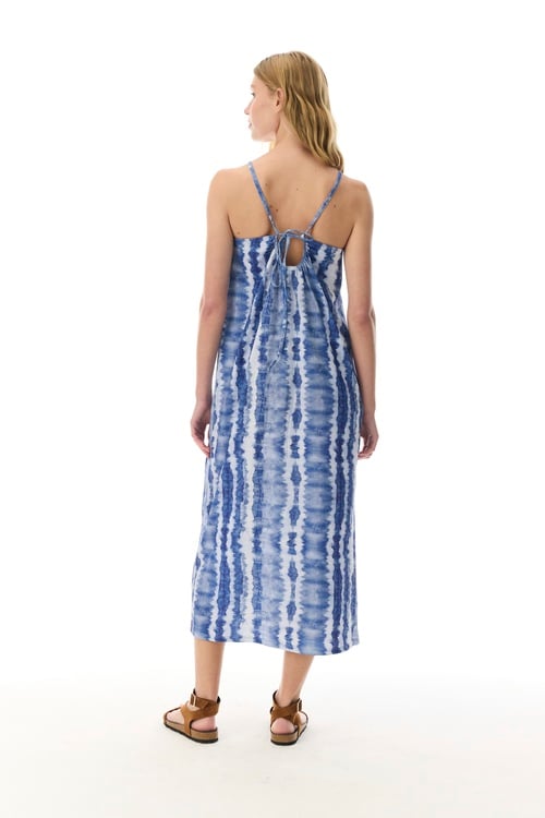 BASKILI SIRT DETAYLI KOLSUZ MİDİ ELBİSE