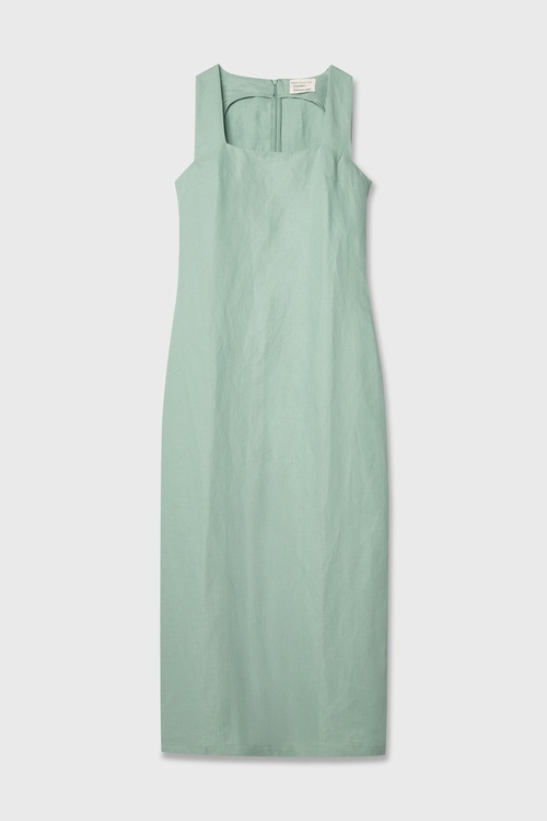  KARE YAKA DÜZ KESİM KETEN UZUN ELBİSE