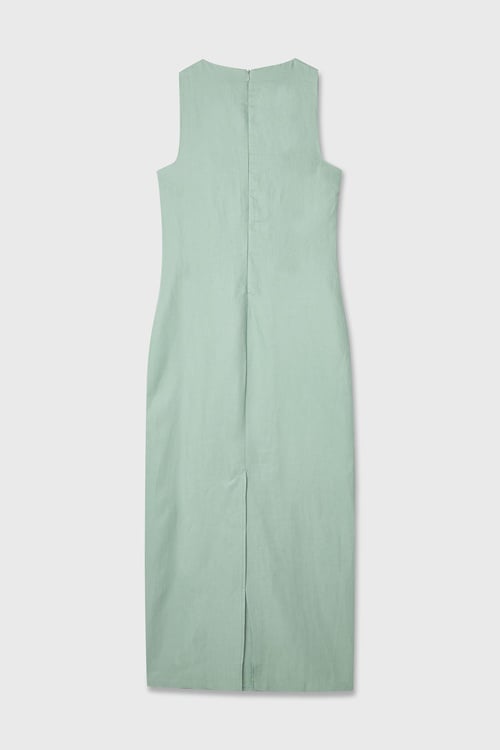  KARE YAKA DÜZ KESİM KETEN UZUN ELBİSE