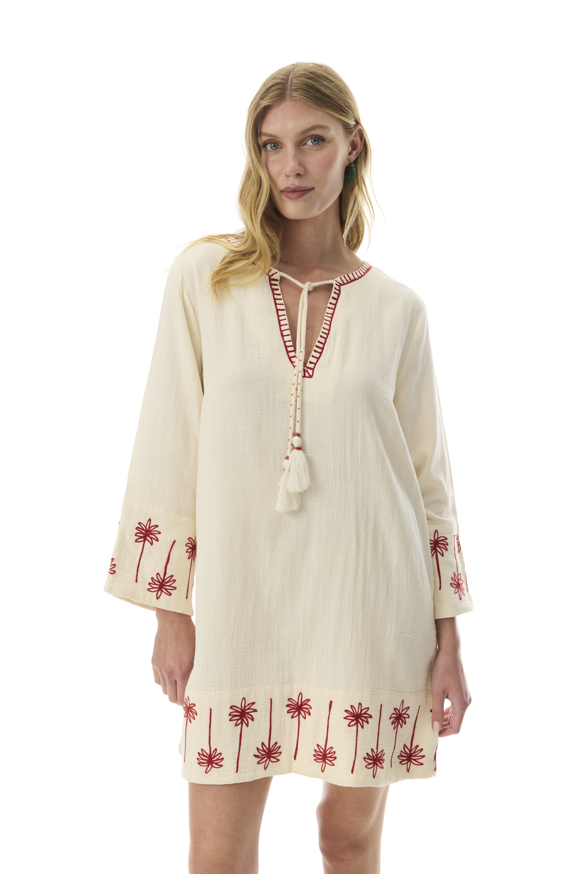 YAKASI BAĞLAMALI NAKIŞLI MİNİ ELBİSE