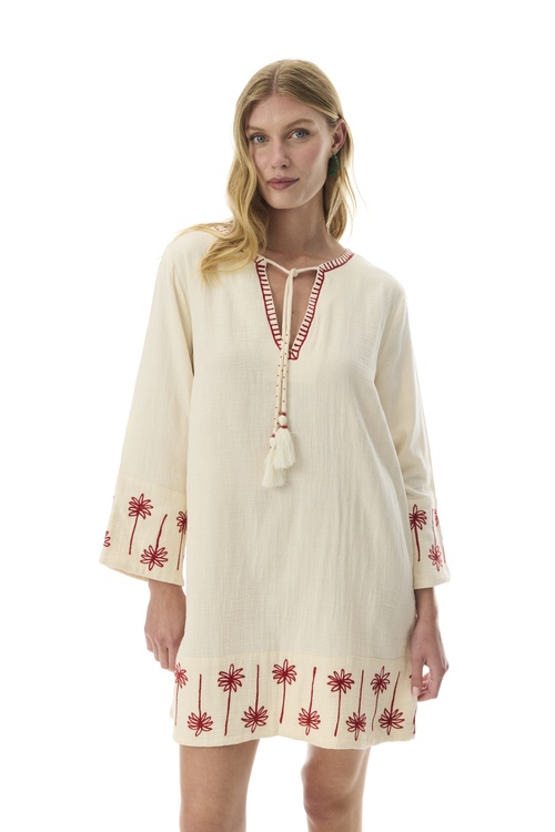 YAKASI BAĞLAMALI NAKIŞLI MİNİ ELBİSE