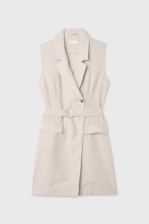  KOLSUZ KEMERLİ MİNİ KETEN ELBİSE