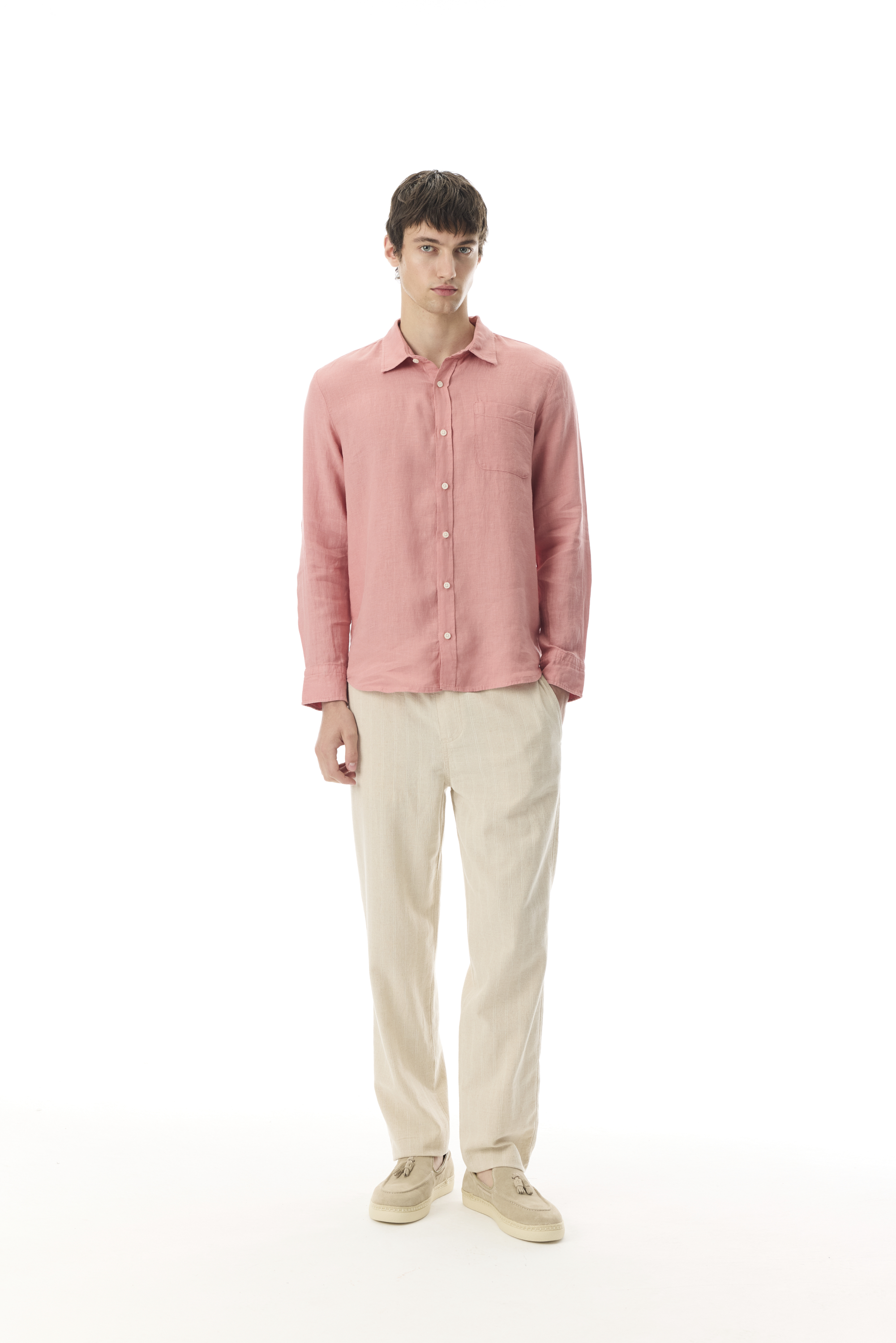 KETEN KARIŞIMLI ÇİZGİLİ STRAIGHT FIT PANTOLON