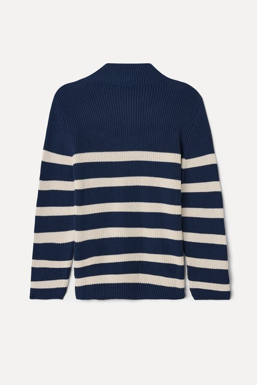 ÇİZGİLİ FERMUARLI DİK YAKA TRİKO KAZAK