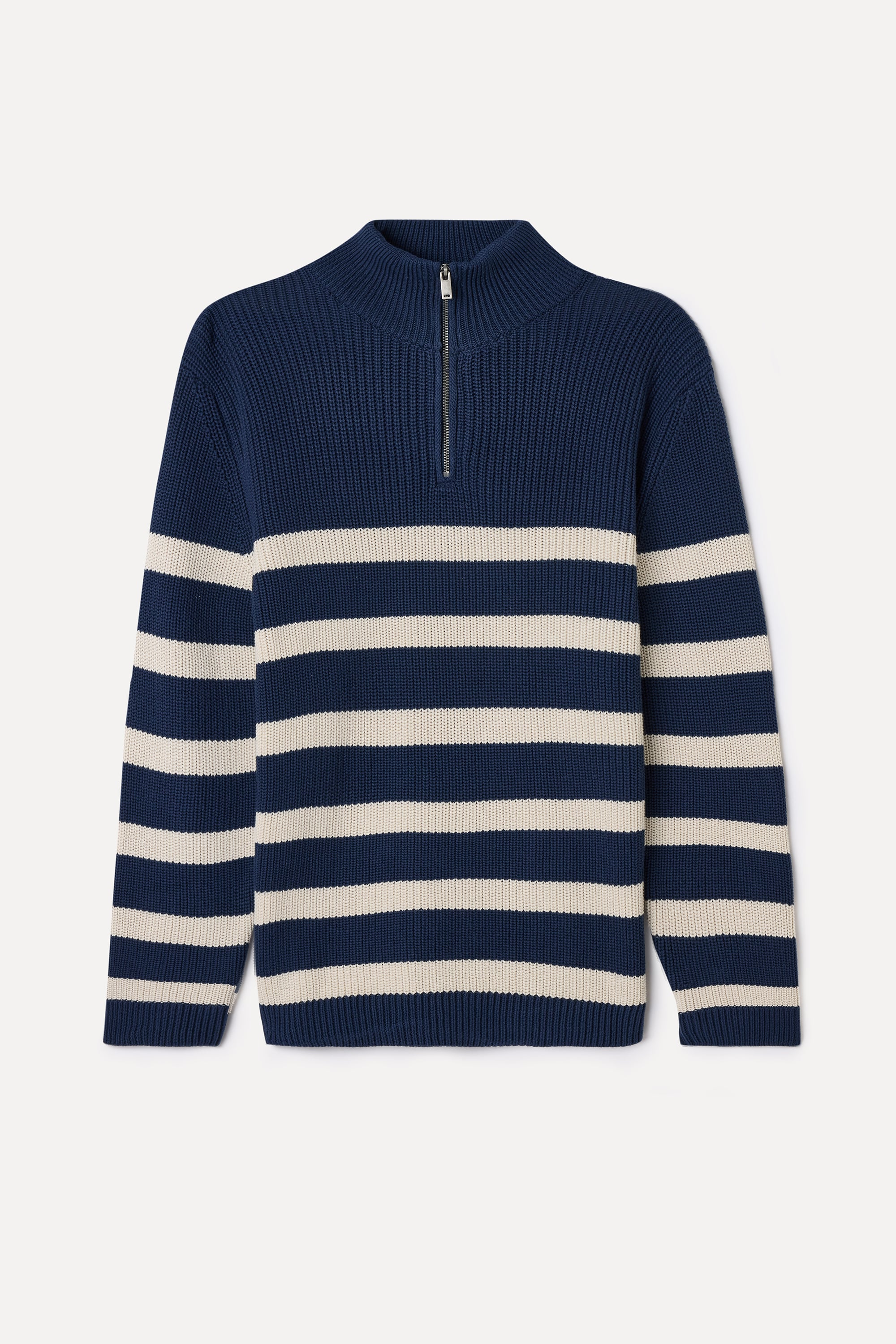 ÇİZGİLİ FERMUARLI DİK YAKA TRİKO KAZAK