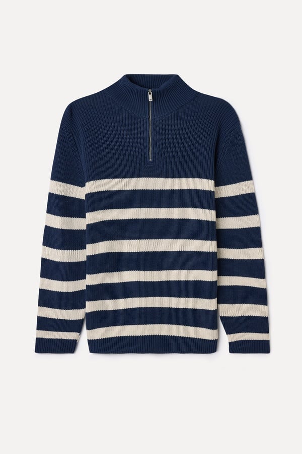 ÇİZGİLİ FERMUARLI DİK YAKA TRİKO KAZAK