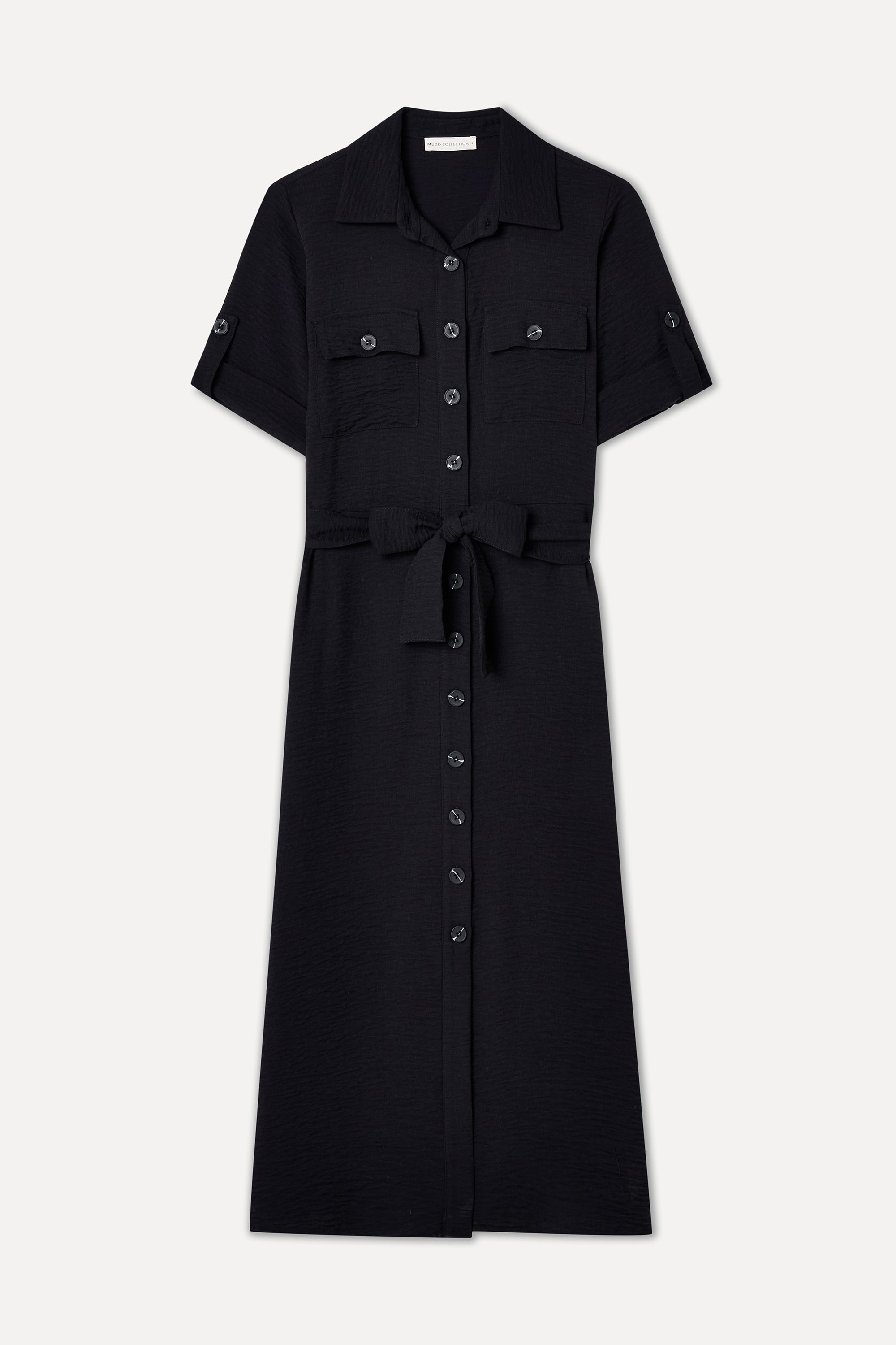 KUŞAKLI KISA KOLLU MİDİ GÖMLEK ELBİSE