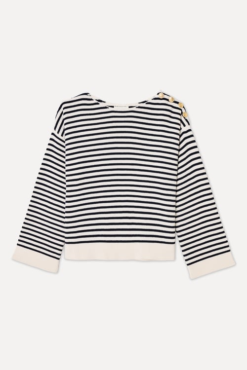  ÇİZGİLİ DÜĞME DETAYLI KAYIK YAKA KAZAK