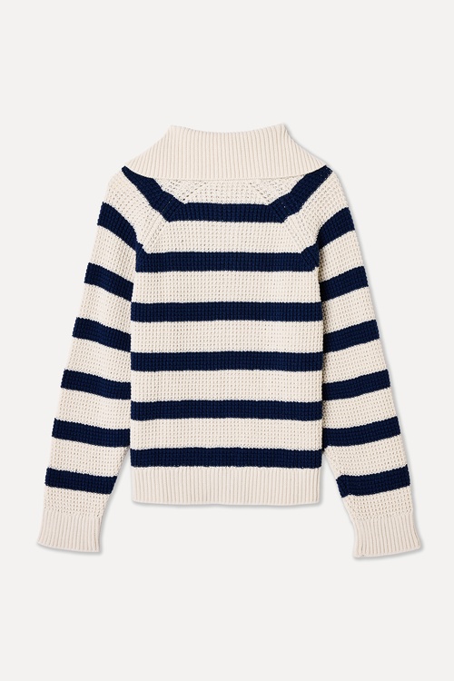  DÜĞMELİ DİK YAKA ÇİZGİLİ KAZAK