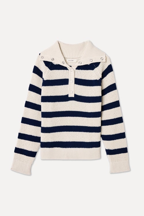  DÜĞMELİ DİK YAKA ÇİZGİLİ KAZAK