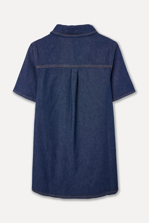  DÜZ KESİM GÖMLEK YAKA MİNİ JEAN ELBİSE