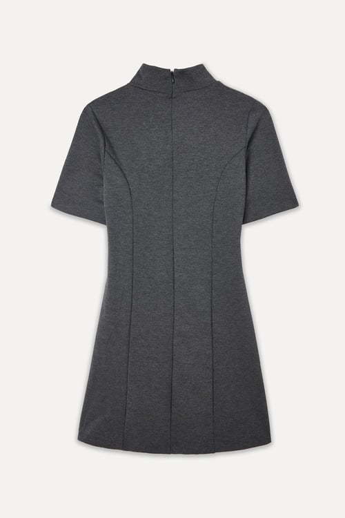  KEMER DETAYLI DİK YAKA KISA KOLLU MİNİ ELBİSE