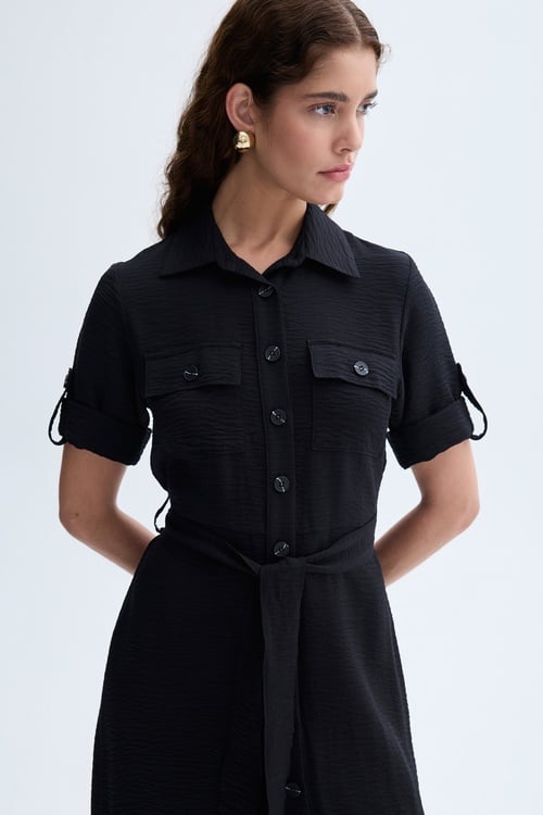 KUŞAKLI KISA KOLLU MİDİ GÖMLEK ELBİSE