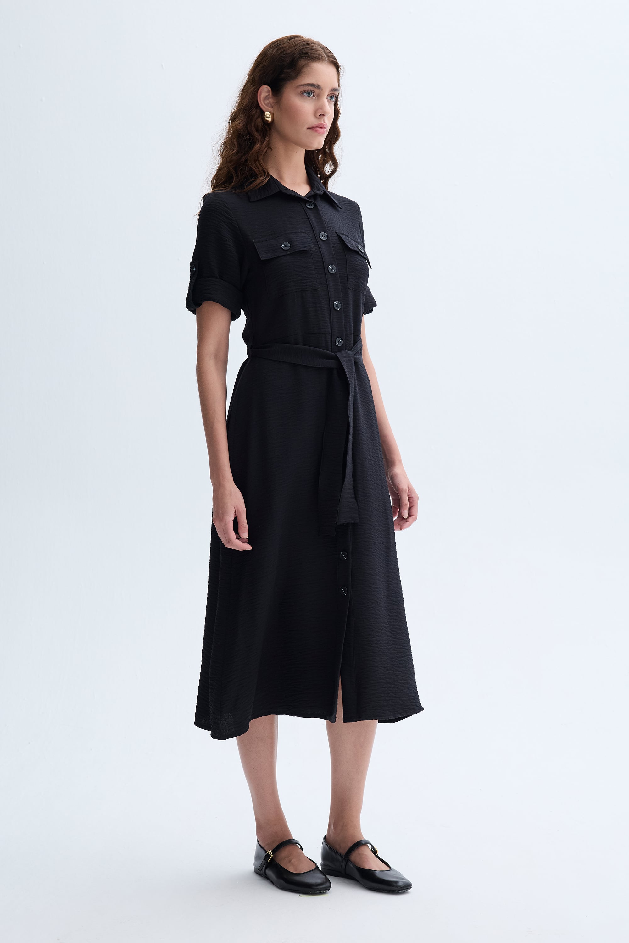 KUŞAKLI KISA KOLLU MİDİ GÖMLEK ELBİSE