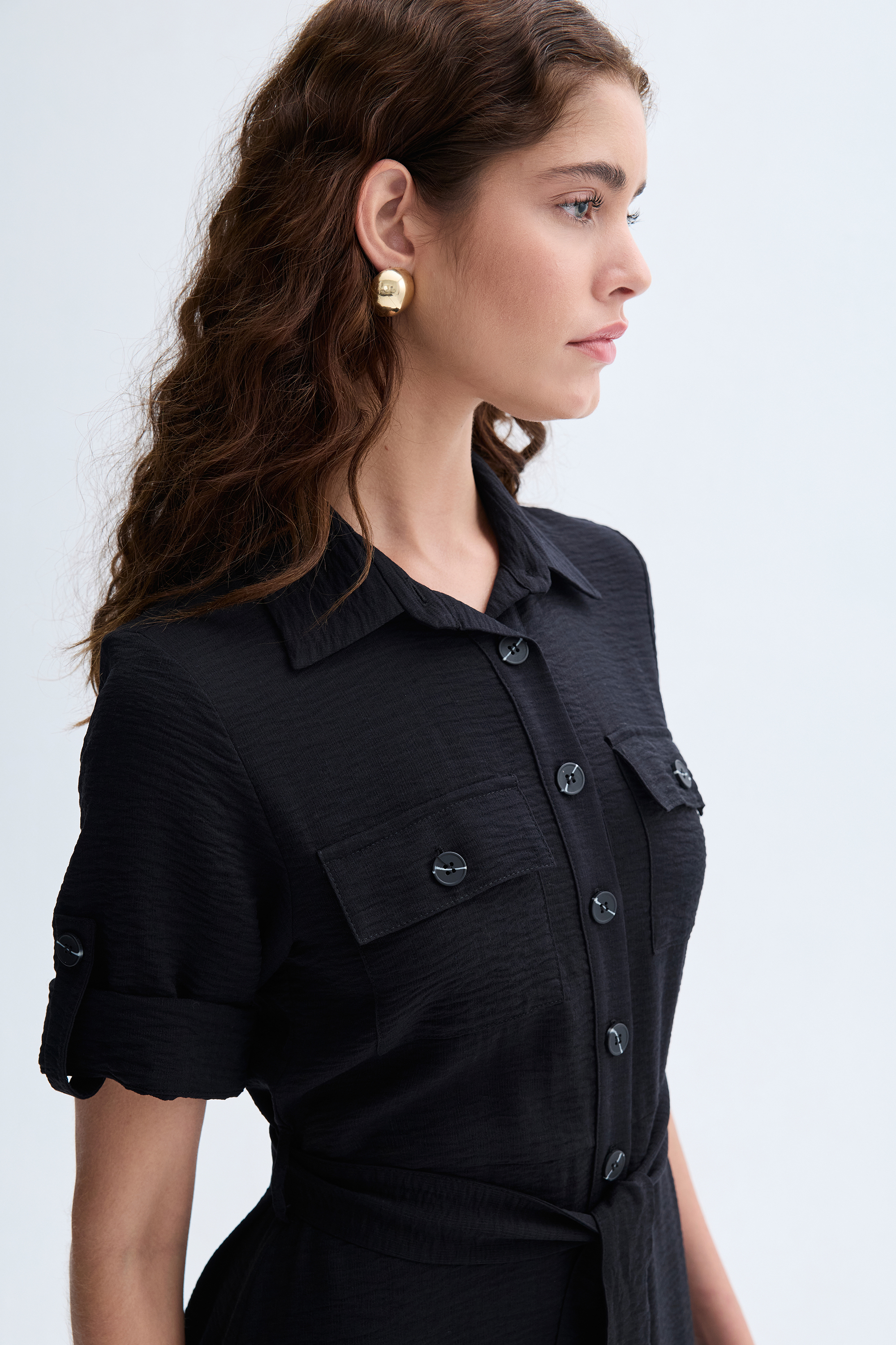 KUŞAKLI KISA KOLLU MİDİ GÖMLEK ELBİSE