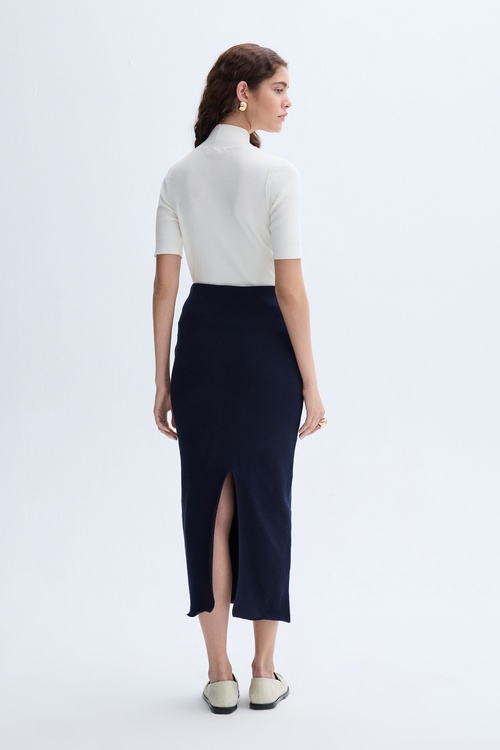 DÜĞME DETAYLI TRİKO MİDİ ETEK