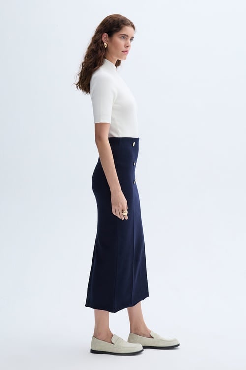 DÜĞME DETAYLI TRİKO MİDİ ETEK