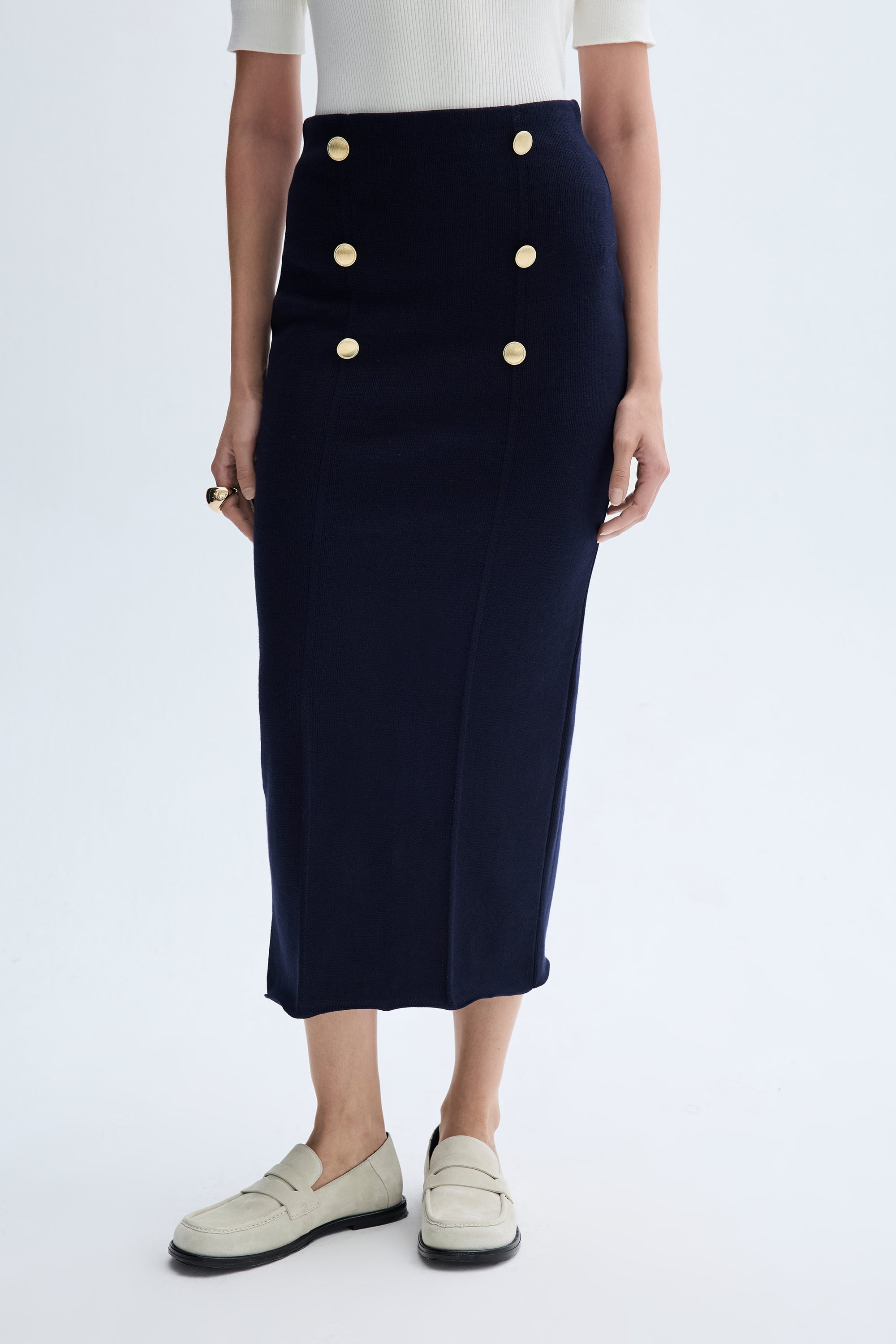 DÜĞME DETAYLI TRİKO MİDİ ETEK