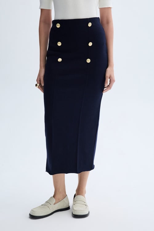 DÜĞME DETAYLI TRİKO MİDİ ETEK