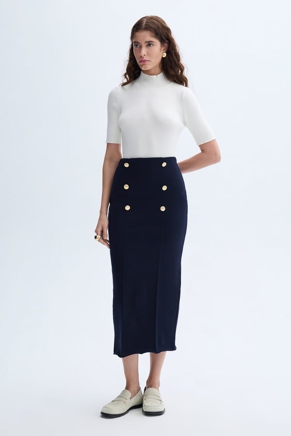 DÜĞME DETAYLI TRİKO MİDİ ETEK