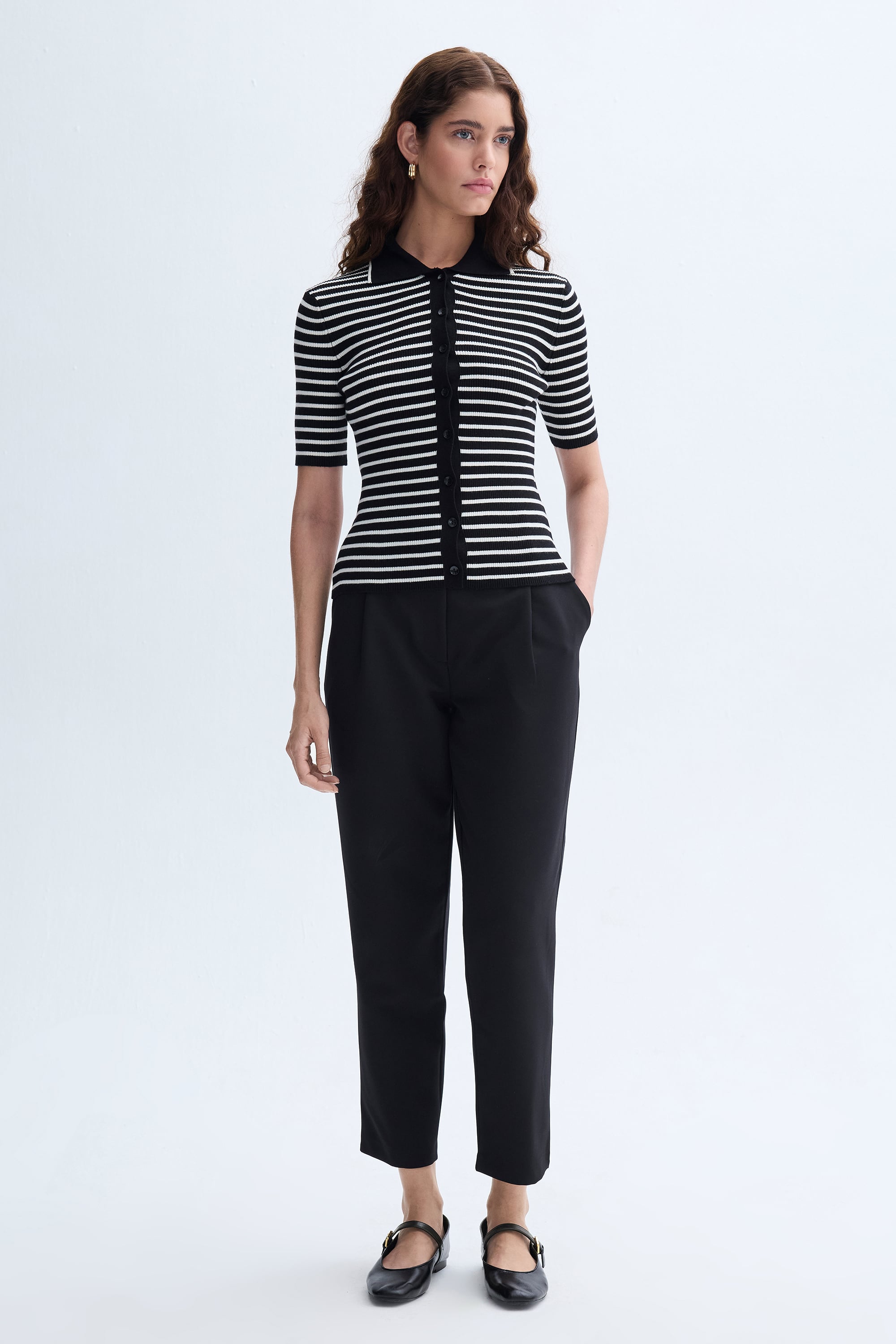 ÇİZGİLİ POLO YAKA DÜĞME DETAYLI TRİKO KAZAK