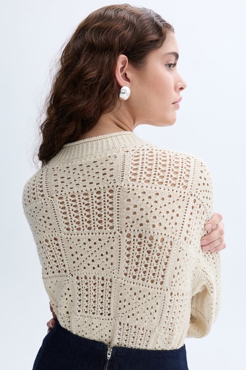  BİSİKLET YAKA LOOSE FIT AJURLU KAZAK