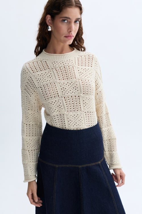  BİSİKLET YAKA LOOSE FIT AJURLU KAZAK