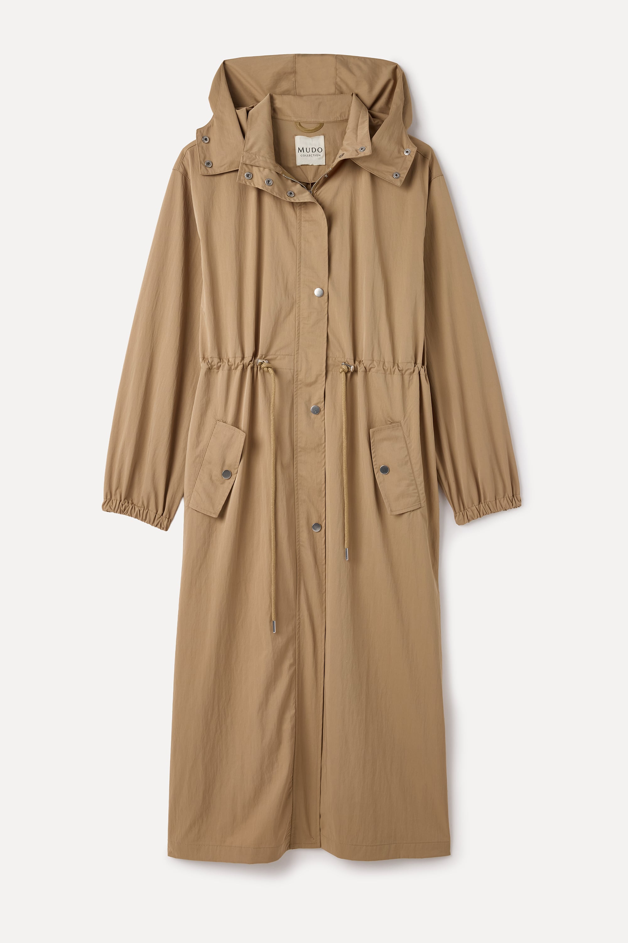 KAPÜŞONLU BELİ BAĞLAMALI UZUN YAĞMURLUK