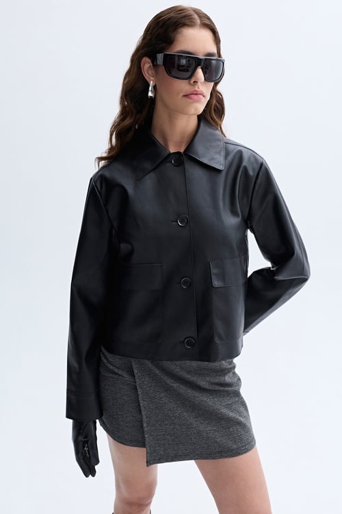 ERKEK YAKA DERİ GÖRÜNÜMLÜ CEKET